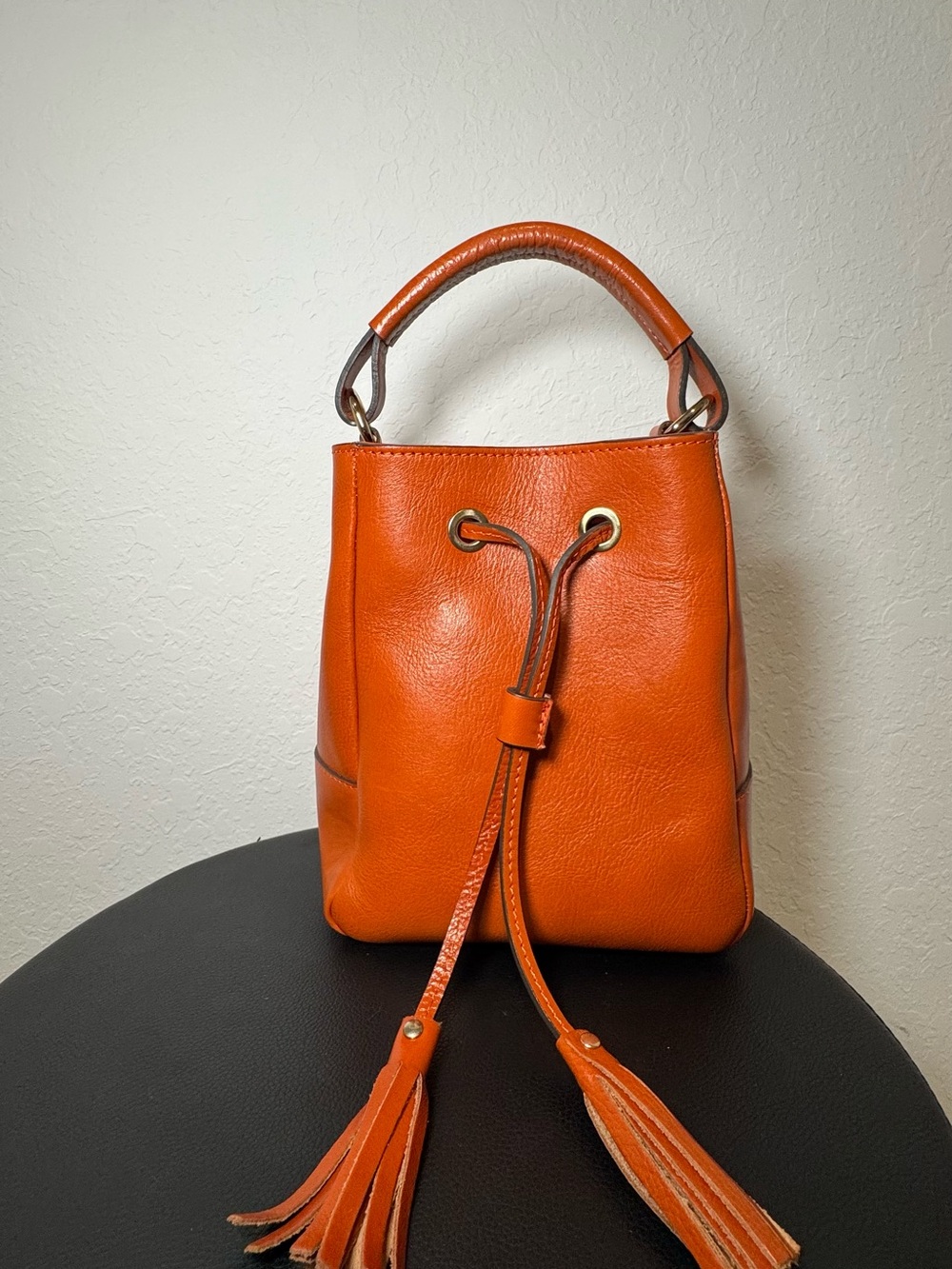 Divina Firenze Orange Leather Drawstring Bucket Bag